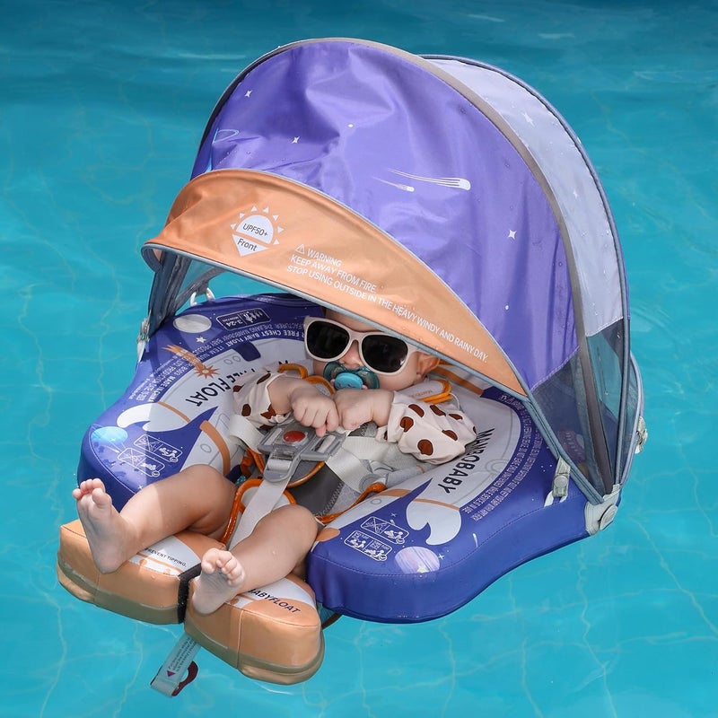 AnjeeIOT Mambobaby Float with Canopy Baby Float Non-Inflatable Baby Pool Float Solid Swimming Float Upgraded Add Tail Never Flip Over for Infant 3-24 Months, Astronauts Blue - Image 1